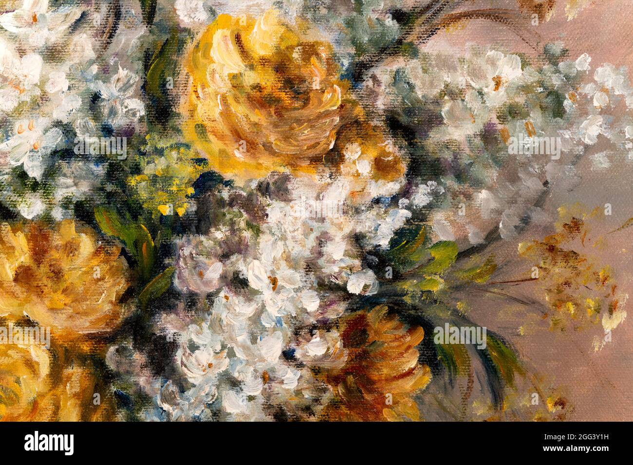 Fragment of still life oil painting depicting of orange chrysanthemum and white lilacs flowers in vase. Stock Photo