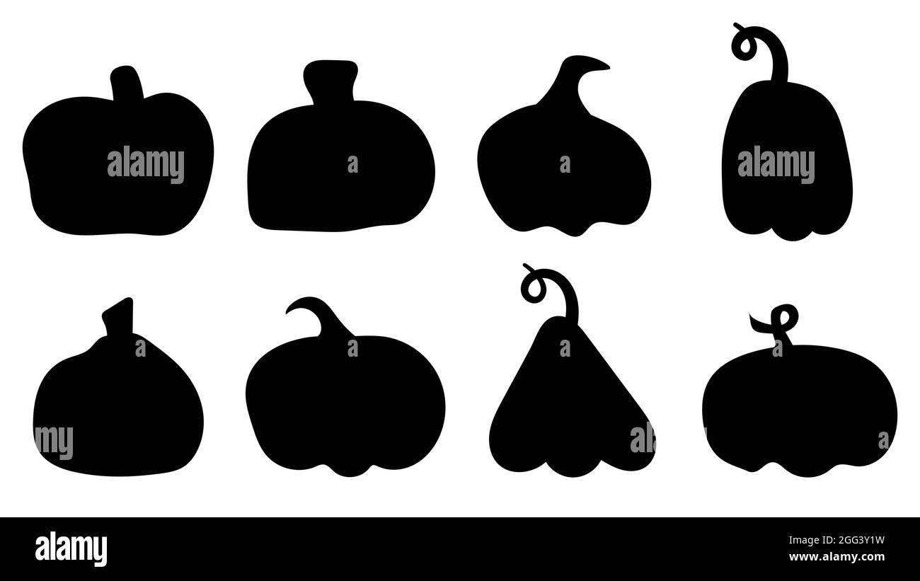 Simple icons of pumpkins. Black silhouette of a pumpkin. Thanksgiving and Halloween. A template of different shapes. Isolated vector illustration. Stock Vector