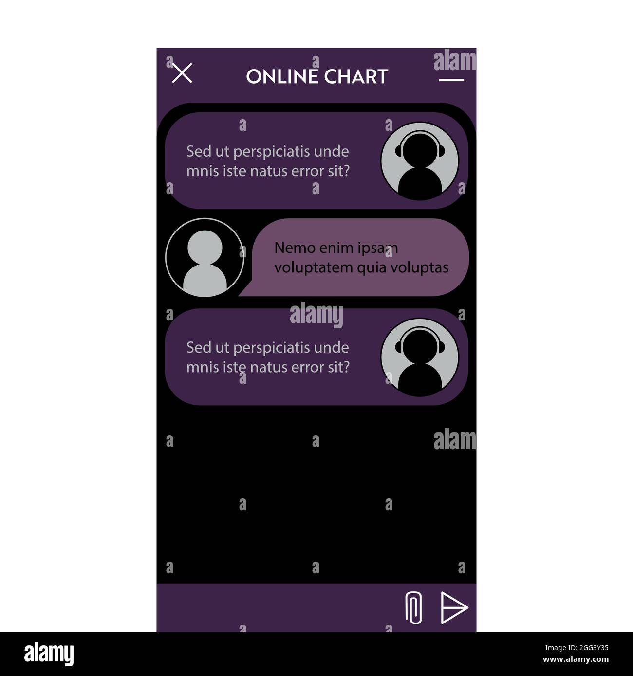 Chatbot window. Dark Night mode. User interface of application with ...