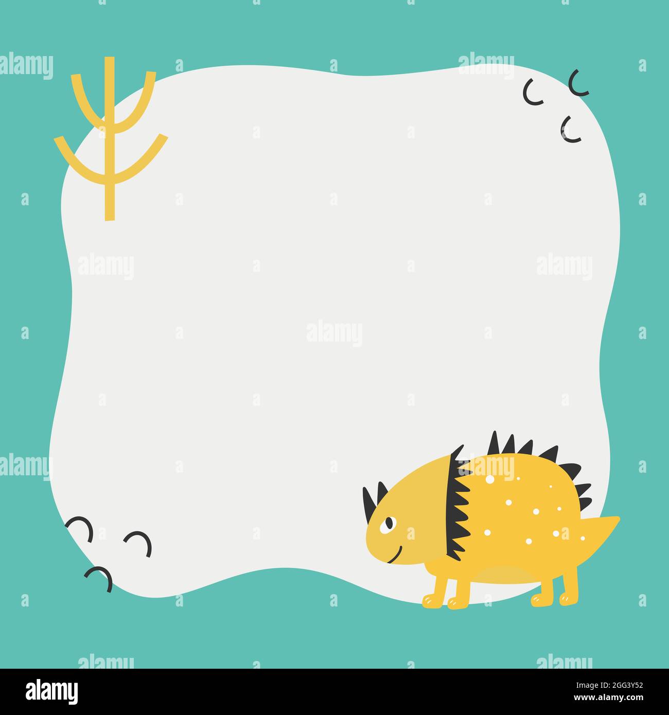 Cute dinosaur with a blot frame in simple cartoon hand-drawn style. Template for your text or photo. Ideal for cards, invitations, party, kindergarten Stock Vector