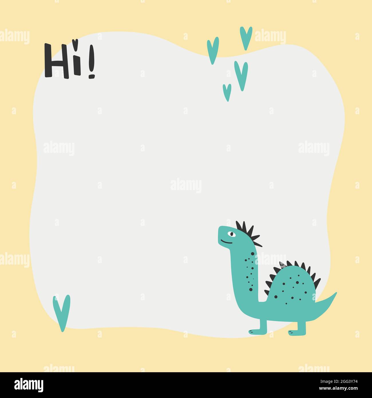 Cute dinosaur with a blot frame in simple cartoon hand-drawn style. Template for your text or photo. Ideal for cards, invitations, party, kindergarten Stock Vector