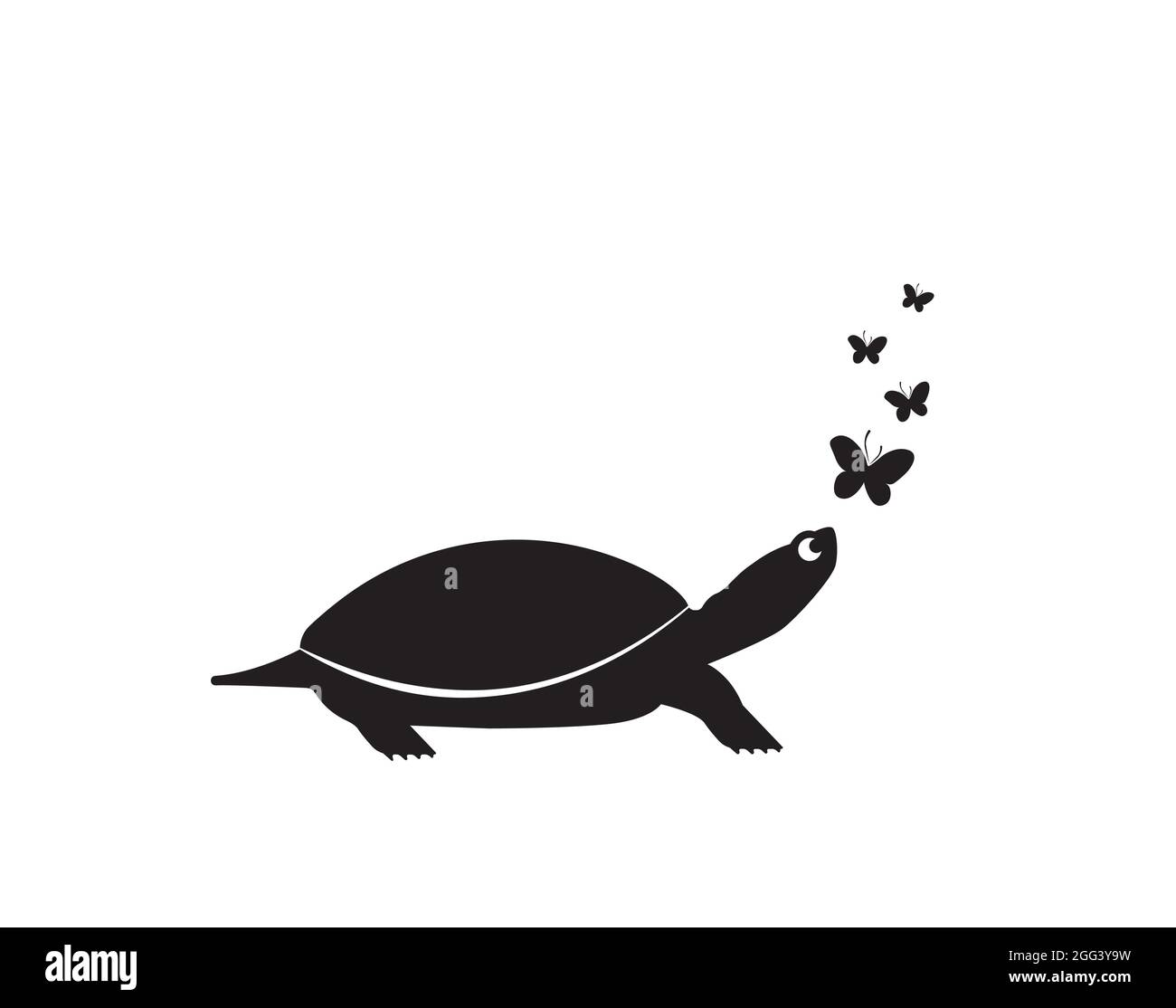 Turtle silhouette and butterflies illustration, vector. Turtle cartoon illustration isolated on white background. Childish minimalist art design. Wall Stock Vector