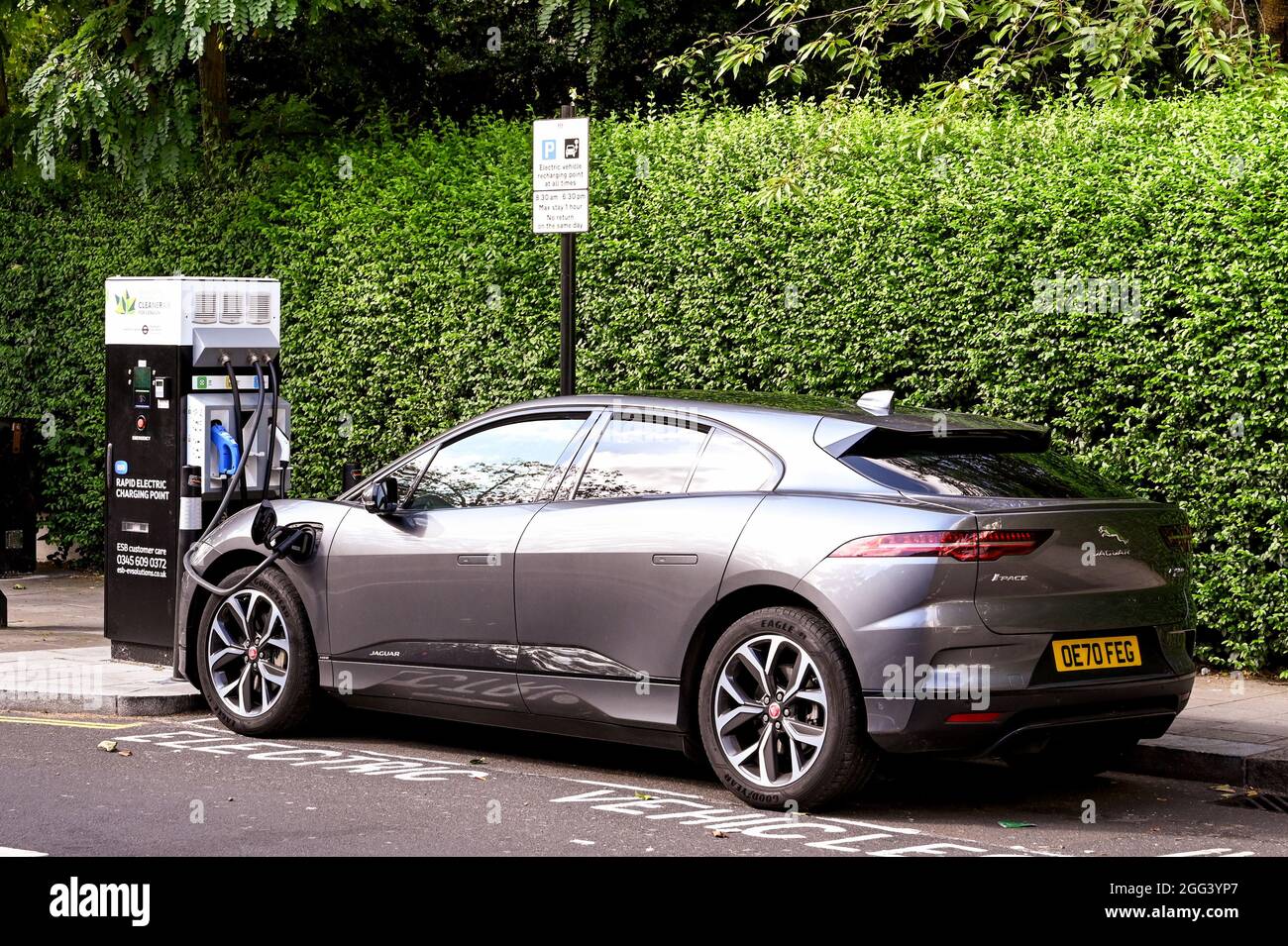 London, England August 2021 Electric car made by Jaguar connected to