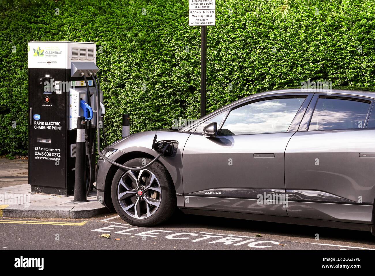 London, England August 2021 Electric car made by Jaguar connected to