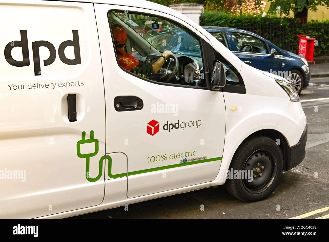 London, England - August 2021: DPD delivery van fully powered by electric with zero emissions. It is part of the business's response to climate change Stock Photo