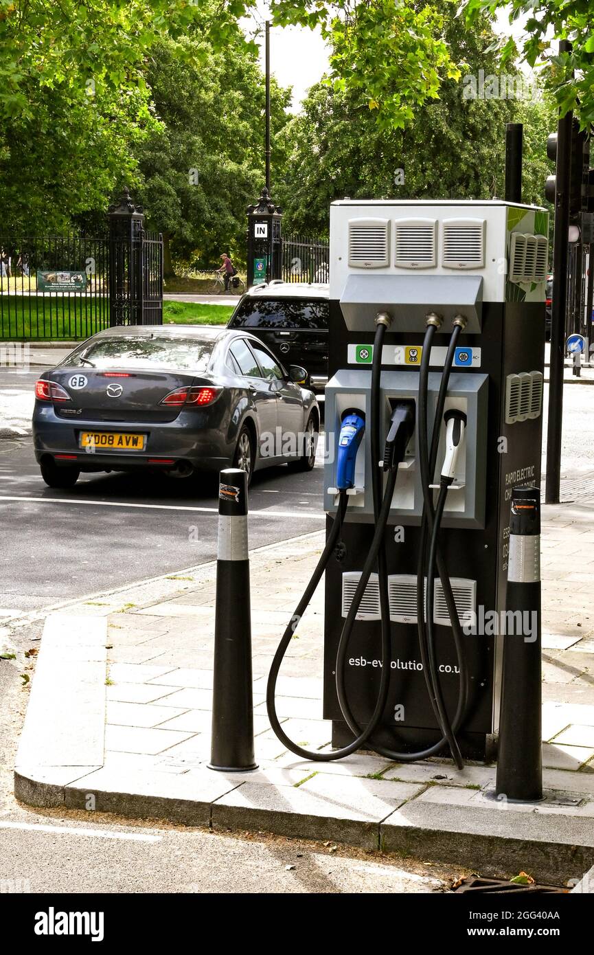 London, England August 2021 Electric car charging station on a city