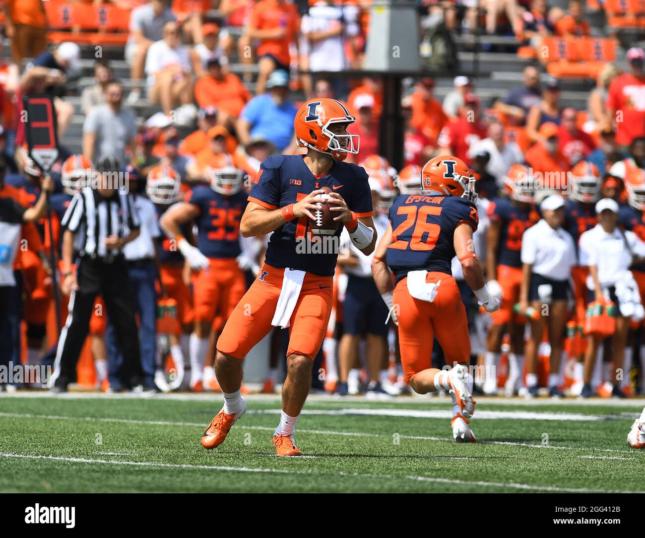 August 28, 2021: Illinois Fighting Illini quarterback Brandon Peters (18)  in action during the NCAA football game between Illinois Fighting Illini vs  Nebraska Cornhuskers at Memorial Stadium in Champaign, Illinois. Dean  Reid/CSM/Sipa