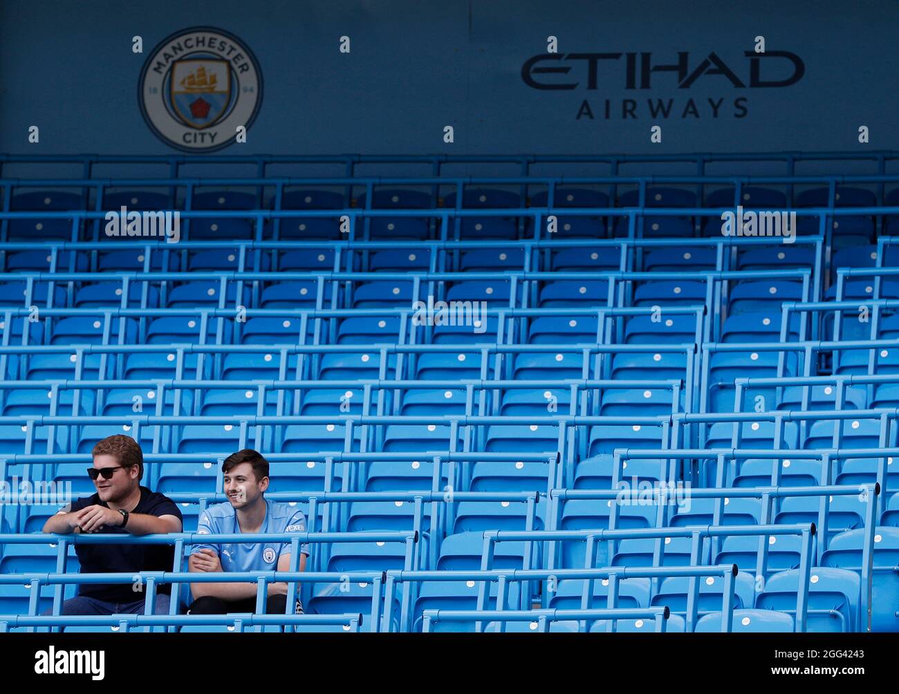 Manchester, England, 28th August 2021.  Fans sit in the safe standing area before the Premier League match at the Etihad Stadium, Manchester. Picture credit should read: Darren Staples / Sportimage Stock Photo