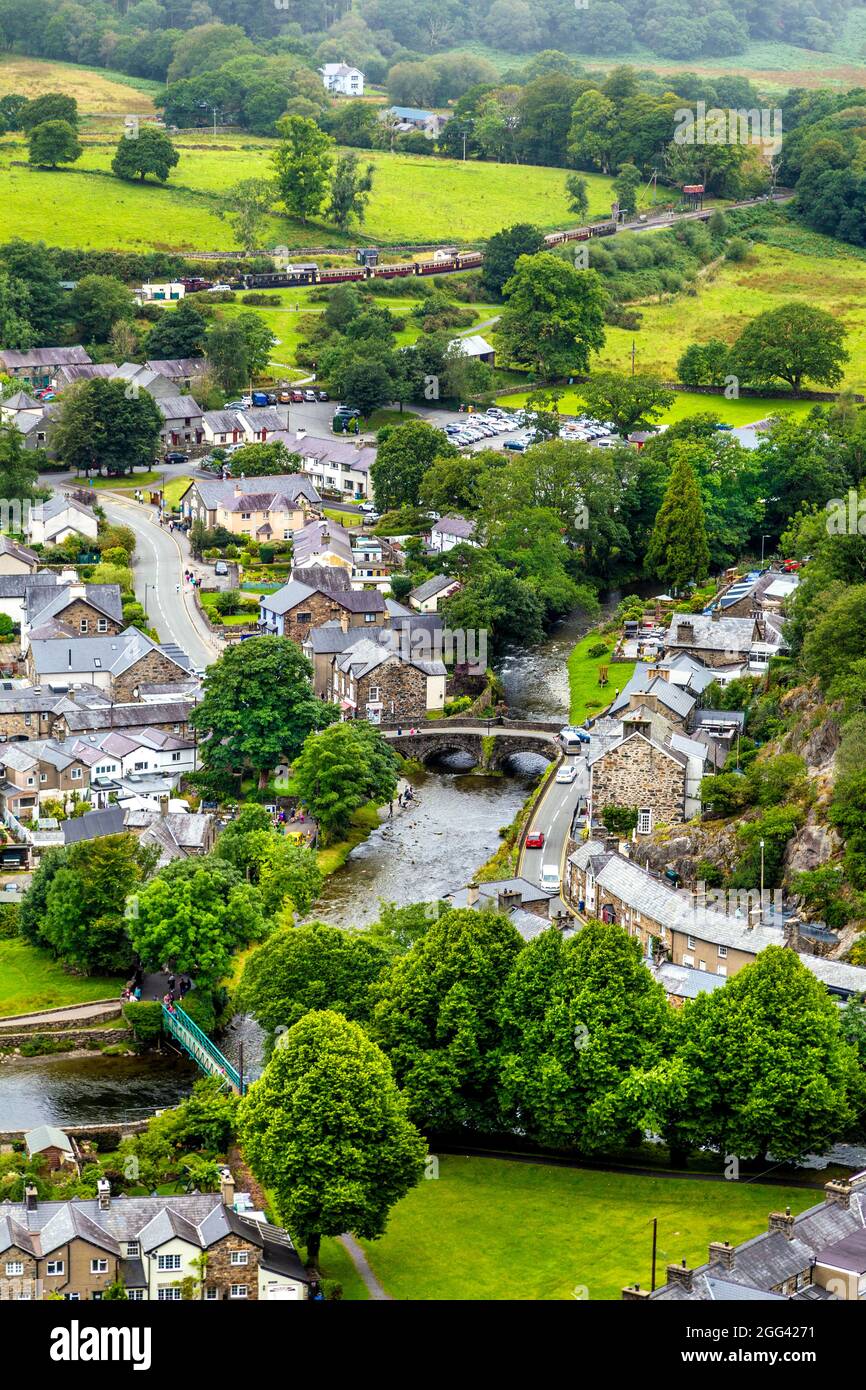 Aerial view of the Beddgelert village from Mynydd Sygyn mountain in