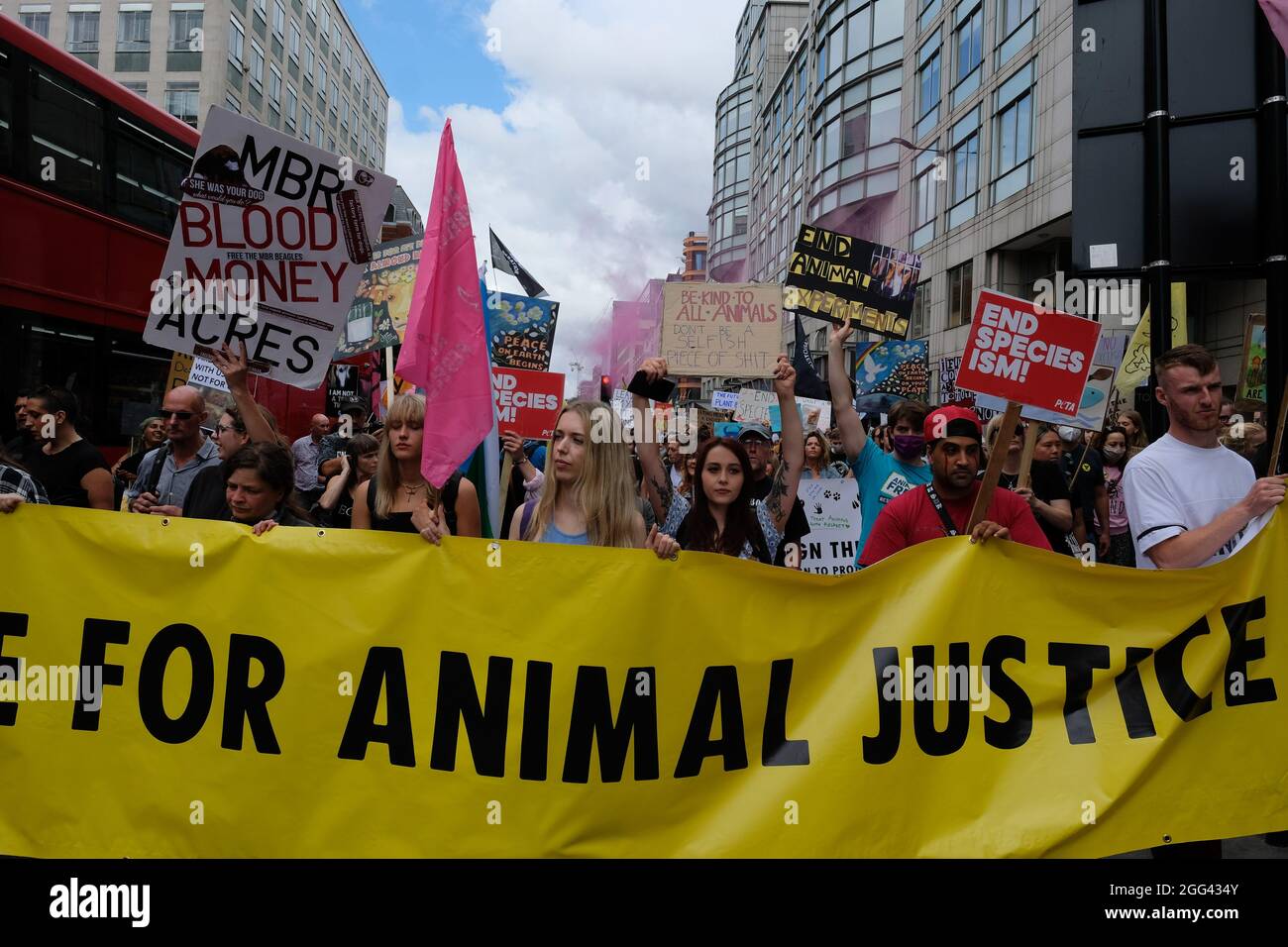 London, UK. 28th August 2021. National Animal Rights March supported by Animal Rebellion and Extinction Rebellion. The march departed from the London Smithfield’s meat market, and went past Unilever’s headquarters and the Marine Steward Council.   Joao Daniel Pereira Credit: Joao Daniel Pereira/Alamy Live News Stock Photo