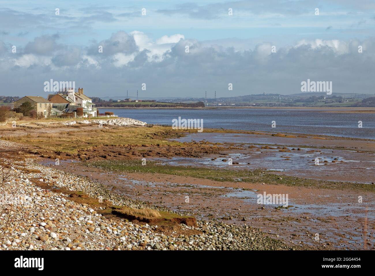 Sunderland Point viewed at low tide looking inland along the Lune Estuary Stock Photo