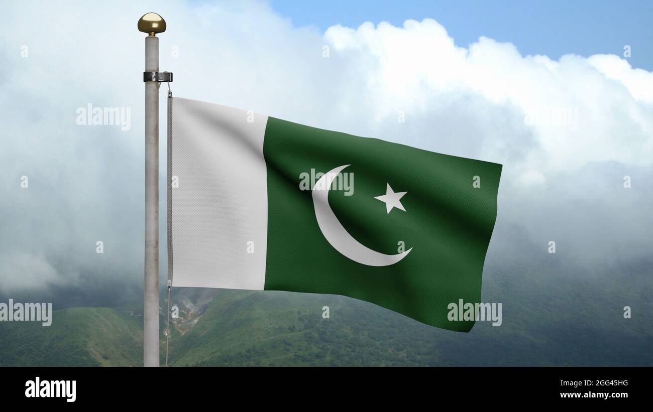 3D, Pakistani flag waving on wind at mountain. Pakistan banner blowing ...