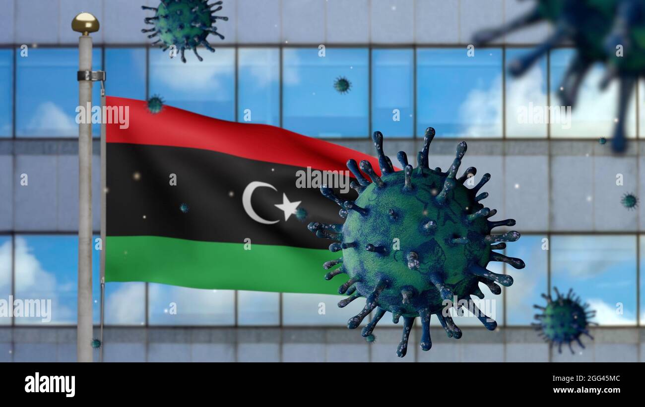 3D, Libyan flag waving with modern skyscraper city and Coronavirus 2019 ...