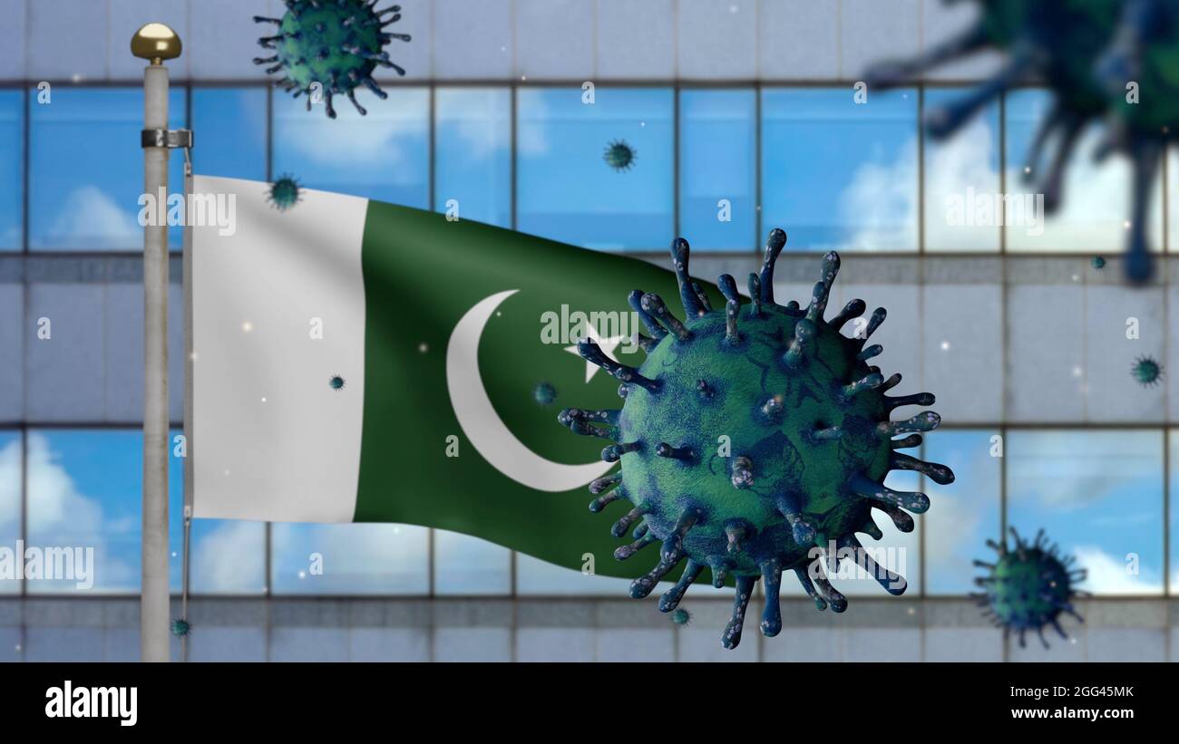 3D, Pakistani flag waving with modern skyscraper city and Coronavirus ...