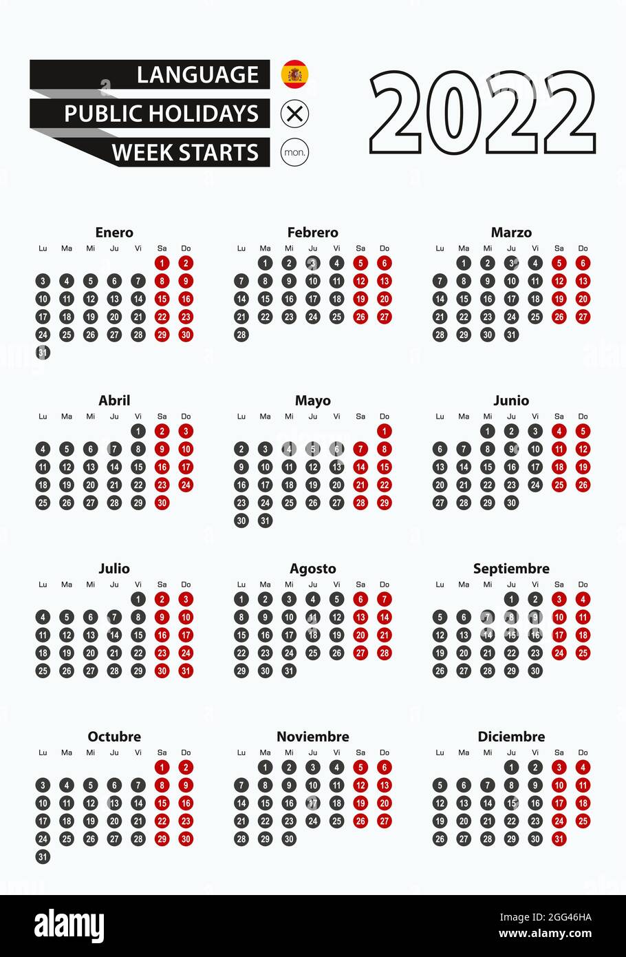 Vector Template Calendar 2022 With Number In Circles, Simple Spanish Calendar For Year 2022. Vector Illustration Stock Vector Image & Art - Alamy