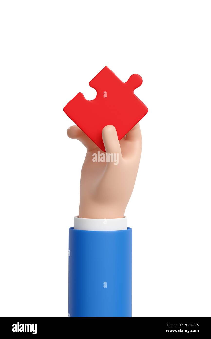 Cartoon hand holding a red puzzle piece. 3d illustration. Stock Photo