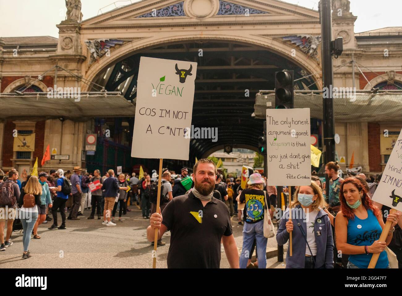 London, 27 August 2021: Extinction Rebellion, Animal Rebellion protest march starting at Smithfields Market in the City of London Stock Photo