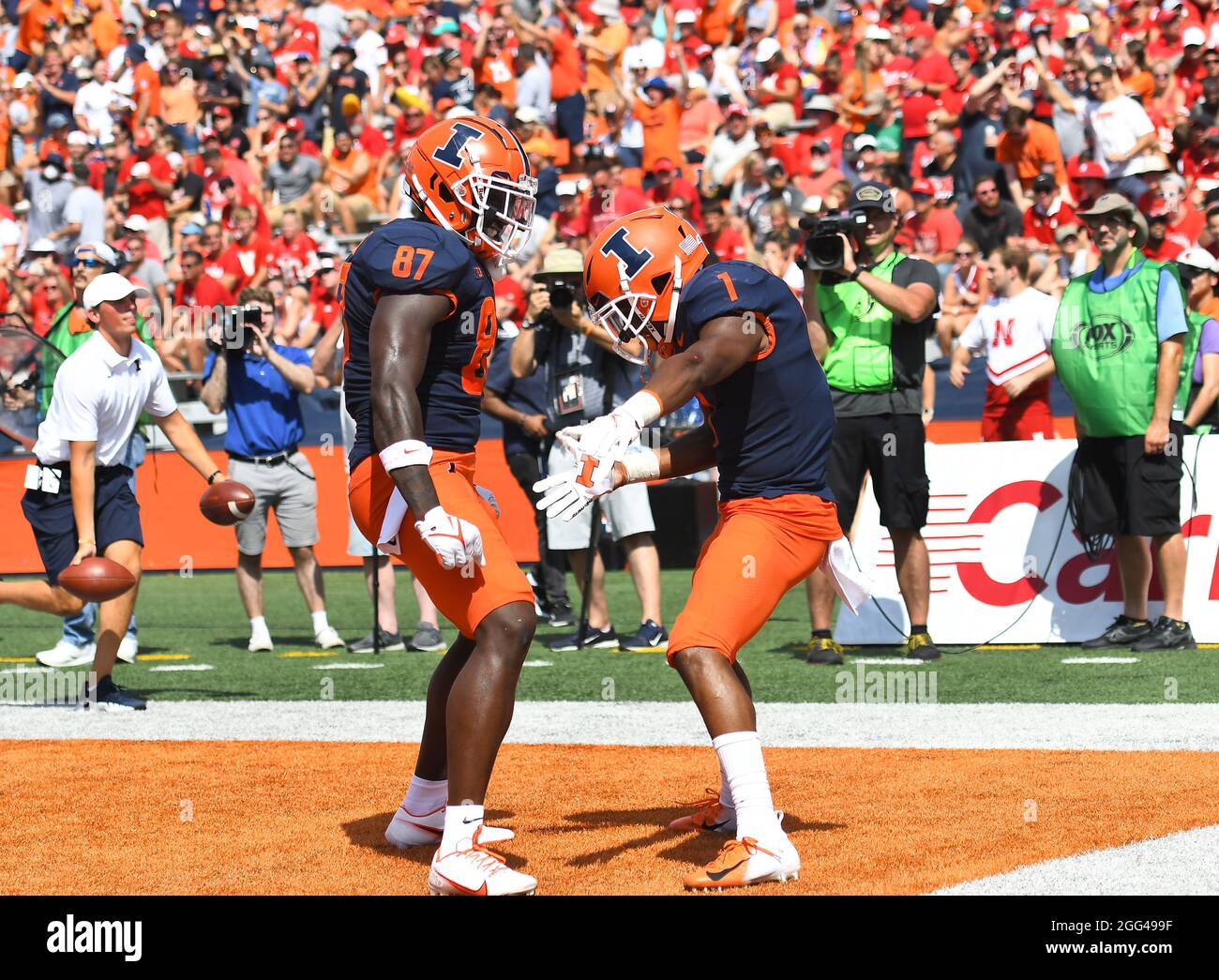 August 28, 2021:Illinois Fighting Illini wide receiver Isaiah Williams (1) and Illinois Fighting Illini tight end Daniel Barker (87) celebrate after scoring a touchdown during the NCAA football game between Illinois Fighting Illini vs Nebraska Cornhuskers at Memorial Stadium in Champaign, Illinois. Dean Reid/CSM. Stock Photo