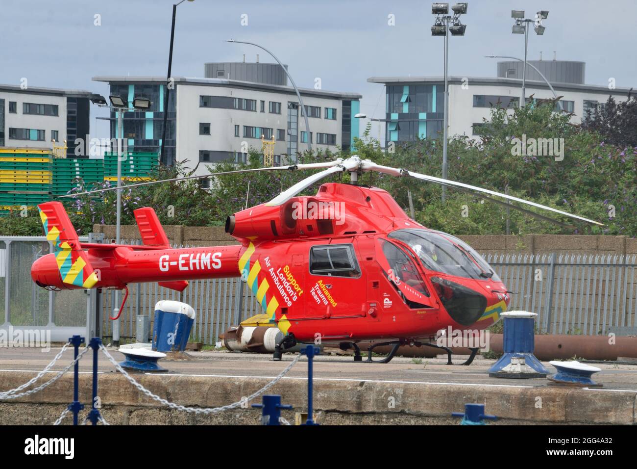 London Air Ambulance helicopter attending an incident in East London Stock Photo