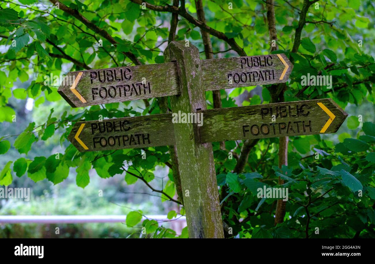 Wooden countryside walkway path signs in West Sussex, UK. 2021 Stock Photo