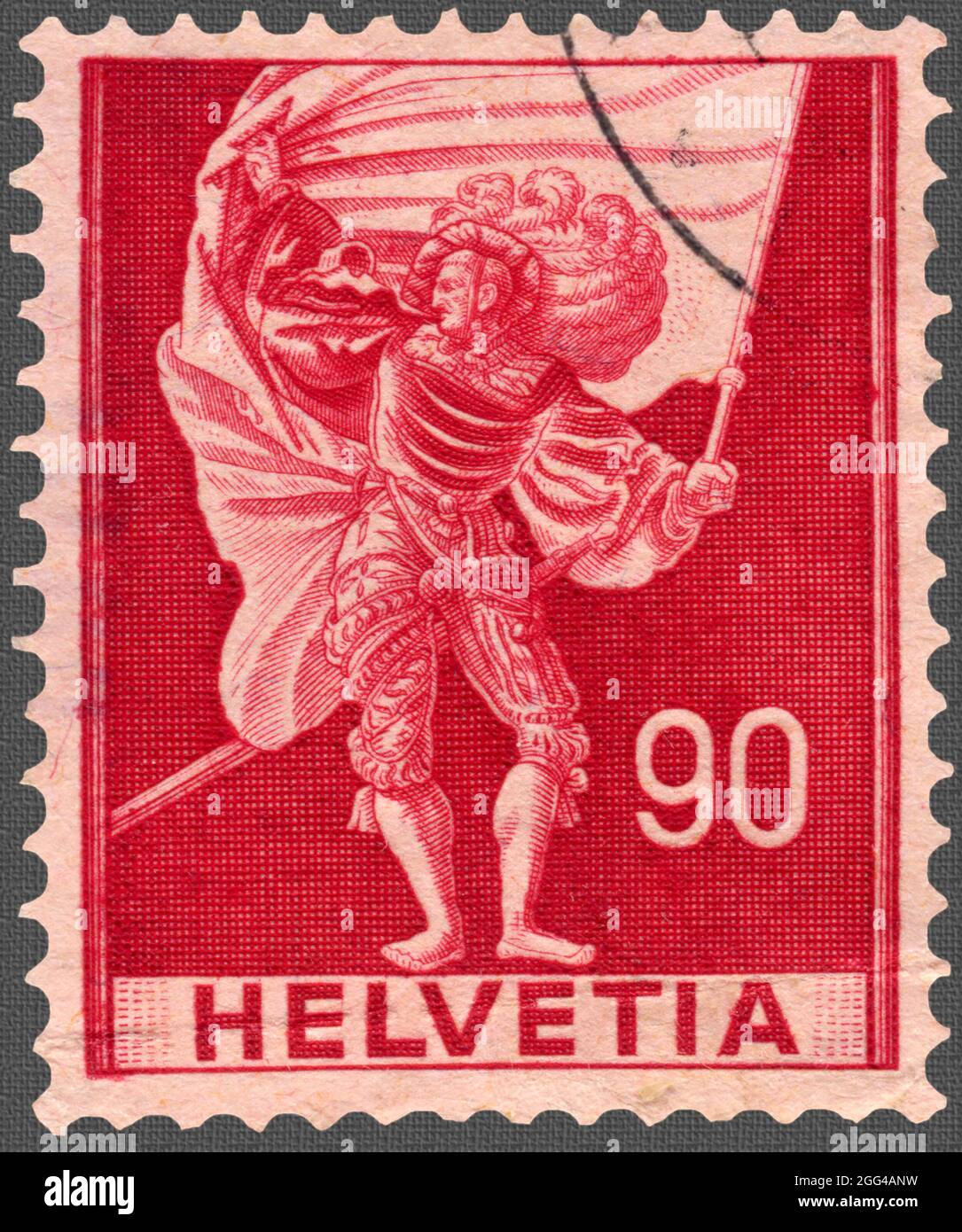 Swiss (Helvetia) Postage Stamp: Standard Bearer issued 1941. Stock Photo