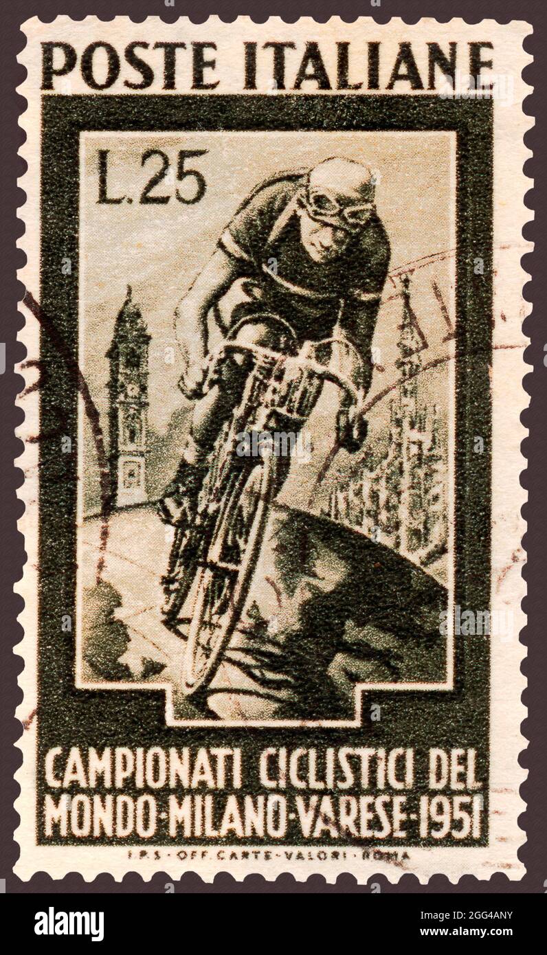 Italian Racing Bicyclist on Postage Stamp . Stock Photo
