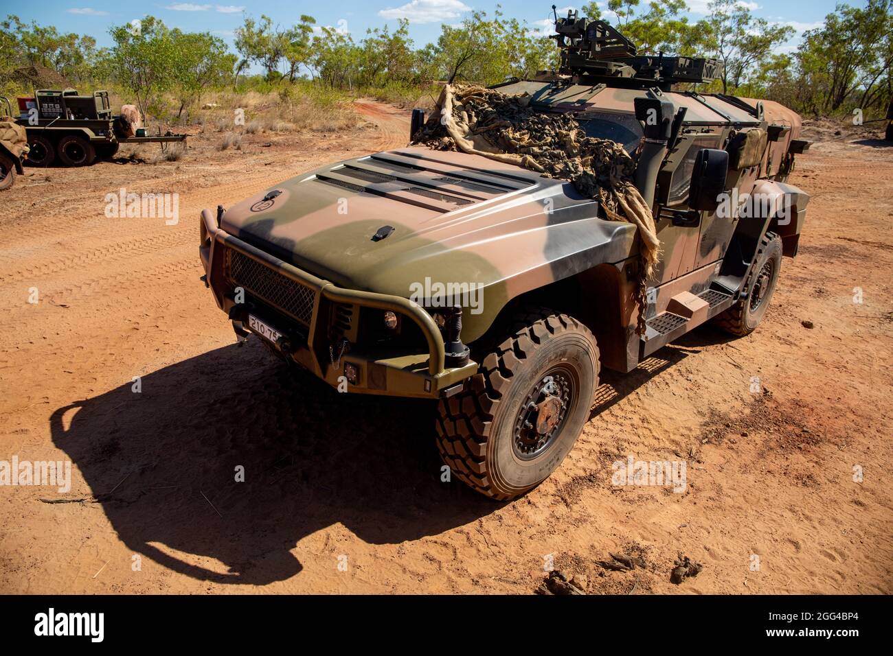 An Australian Army Protected Mobility Vehicle – Light is staged during Exercise Koolendong at Bradshaw Field Training Area, NT, Australia, Aug. 21, 2021. The PMV-L was born into service in 2020. Exercises like Koolendong validate MRF-D’s and the Australian Defence Force’s ability to conduct expeditionary advanced base operations with combined innovative capabilities and through their shared commitment, ready to respond to a crisis or contingency in the Indo-Pacific region. (U.S. Marine Corps photo by Cpl. Jacob Foster) Stock Photo
