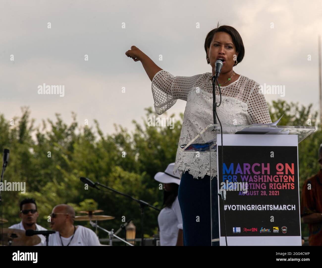 Washington, USA. 26th Aug, 2021. District of Columbia Mayor Muriel Bowser speaks at the National Action Network's March On For Voting Rights event in Washington, DC on August 28, 2021. The march, which brought thousands to Washington, called for the protection of the voting rights of Black Americans and took place on the 58th anniversary of Dr. Martin Luther King, Jr.'s "I Have a Dream" speech. (Photo by Matthew Rodier/Sipa USA) Credit: Sipa USA/Alamy Live News Stock Photo