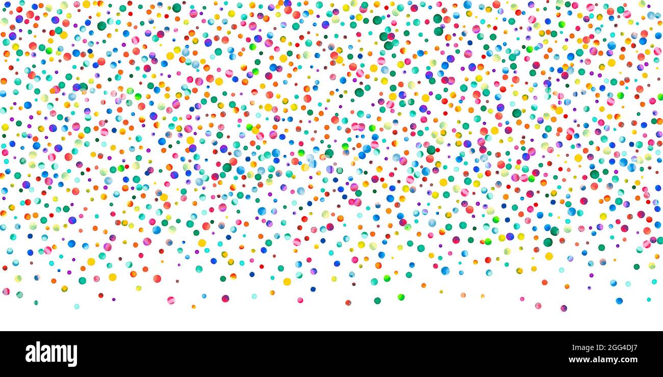Watercolor confetti on white background. Alluring rainbow colored dots. Happy celebration wide colorful bright card. Outstanding hand painted confetti Stock Photo