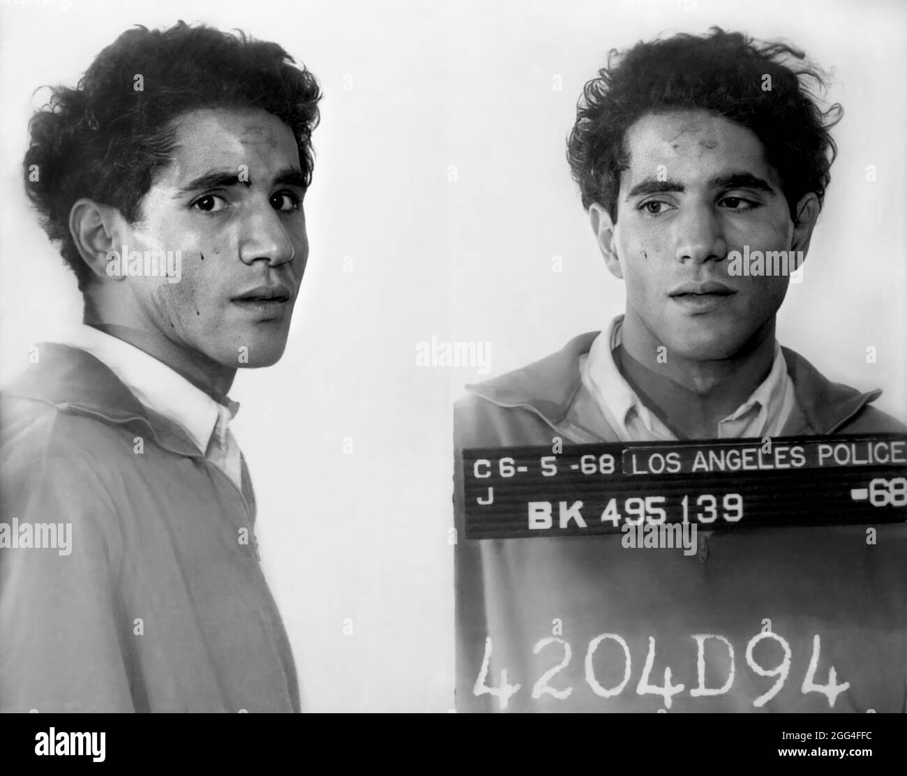 1968 , 5 june , Los Angeles , USA : The Palestinian born Jordanian citizen SIRHAN SIRHAN ( Sirhan Bishara Sirhan , born in 1944 ), Los Angeles Police Department mug shot, the killer who murdered the Senator ROBERT KENNEDY the day June 5, 1968 . Unknown photographer .- BOB - portrait - ritratto  - FOTO SEGNALETICA della POLIZIA  - MUG-SHOT - MUGSHOT - assassino - CRONACA NERA - KILLER - COMPLOT - COMPLOTTO - TERRORISTA - TERRORIST - ERGASTOLO - ERGASTOLANO - carcerato --- Archivio GBB Stock Photo