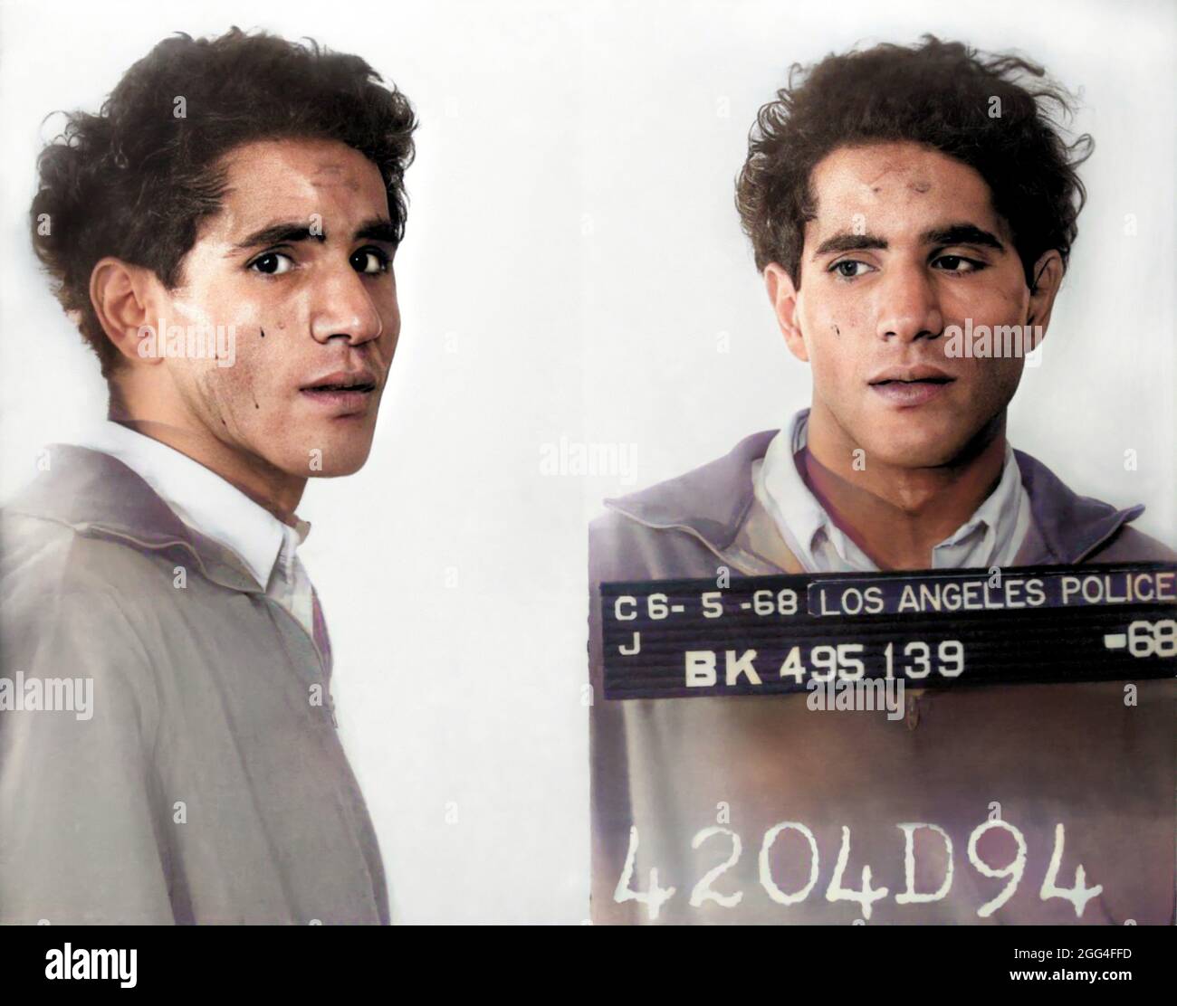 1968 , 5 june , Los Angeles , USA : The Palestinian born Jordanian citizen SIRHAN SIRHAN ( Sirhan Bishara Sirhan , born in 1944 ), Los Angeles Police Department mug shot, the killer who murdered the Senator ROBERT KENNEDY the day June 5, 1968 . Unknown photographer . DIGITALLY COLORIZED . - BOB - portrait - ritratto  - FOTO SEGNALETICA della POLIZIA  - MUG-SHOT - MUGSHOT - assassino - CRONACA NERA - KILLER - COMPLOT - COMPLOTTO - TERRORISTA - TERRORIST - ERGASTOLO - ERGASTOLANO - carcerato --- Archivio GBB Stock Photo