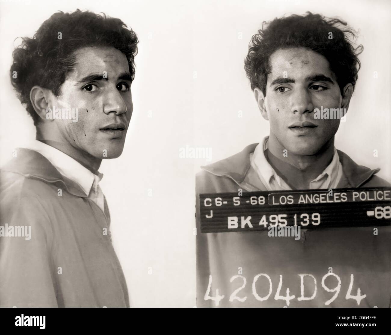 1968 , 5 june , Los Angeles , USA : The Palestinian born Jordanian citizen SIRHAN SIRHAN ( Sirhan Bishara Sirhan , born in 1944 ), Los Angeles Police Department mug shot, the killer who murdered the Senator ROBERT KENNEDY the day June 5, 1968 . Unknown photographer .- BOB - portrait - ritratto  - FOTO SEGNALETICA della POLIZIA  - MUG-SHOT - MUGSHOT - assassino - CRONACA NERA - KILLER - COMPLOT - COMPLOTTO - TERRORISTA - TERRORIST - ERGASTOLO - ERGASTOLANO - carcerato --- Archivio GBB Stock Photo