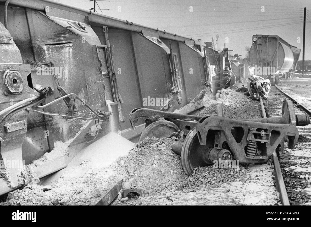 Austin Texas USA,1984: Derailed train cars cause non-lethal chemical spill along tracks inside city limits. ©Bob Daemmrich Stock Photo