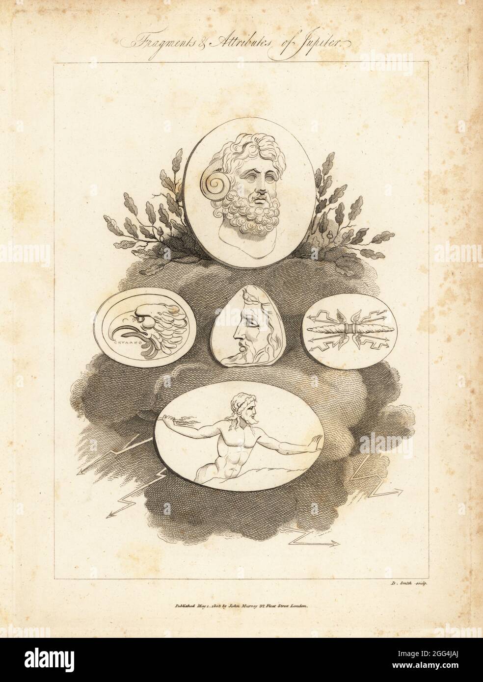 Fragments and attributes of Roman god Jupiter. Jupiter Ammon with horns on cornelian from the Museum of Florence (top), profile of Jupiter on garnet in Mr Townley's collection (center) and Jupiter Tonans with thunderbolt on sulphur (bottom), eagle (right) and fulmen (left). Copperplate engraving by D. Smith after an illustration by Richard Dagley from Gems, Selected from the Antique, with Illustrations, John Murray, London, 1804. Stock Photo