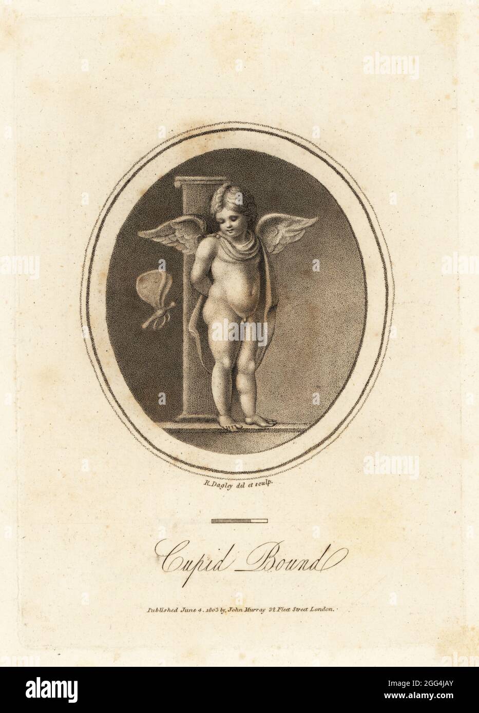 Cupid, Roman god of love, bound to a post with his head turned to watch a butterfly flying behind him. A convex jacinth in the possession of Mr. Dutens.Copperplate engraving drawn and engraved by Richard Dagley from Gems, Selected from the Antique, with Illustrations, John Murray, London, 1804. Stock Photo