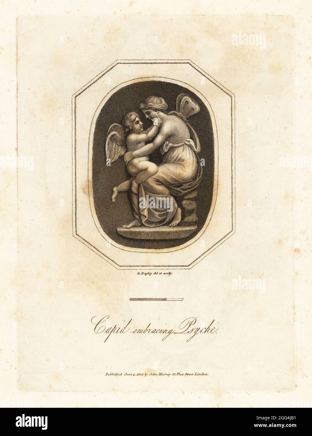Cupid embracing Psyche, Greek goddess of the soul. From a cameo in the possession of Marquis Selini. Copperplate engraving drawn and engraved by Richard Dagley from Gems, Selected from the Antique, with Illustrations, John Murray, London, 1804. Stock Photo