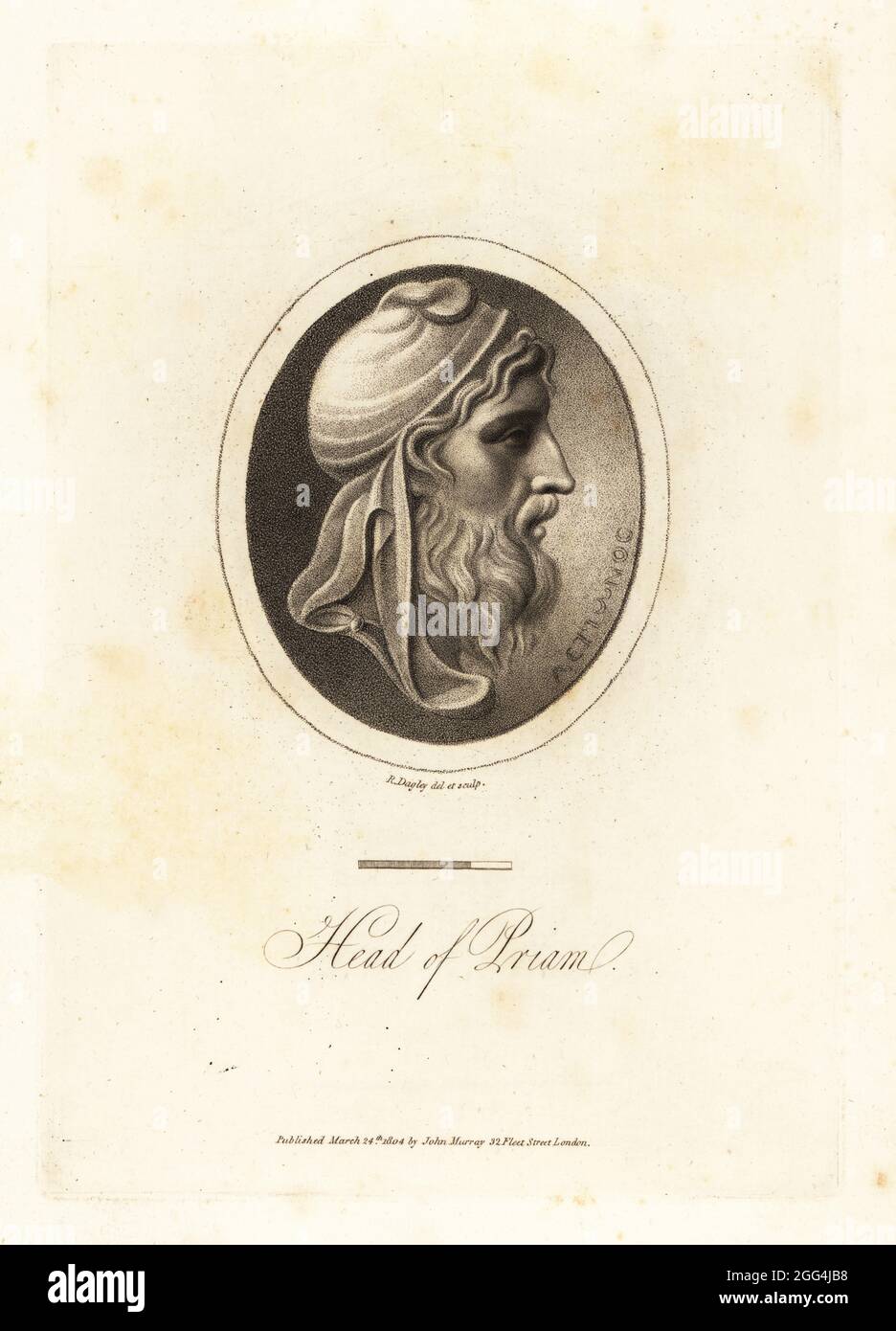 Profile bust of Priam, King of Troy. during the Trojan War. He wears a Phrygian cap. Head of Priam. From a gem in the possession of the Duke of Devonshire. Copperplate engraving drawn and engraved by Richard Dagley from Gems, Selected from the Antique, with Illustrations, John Murray, London, 1804. Stock Photo
