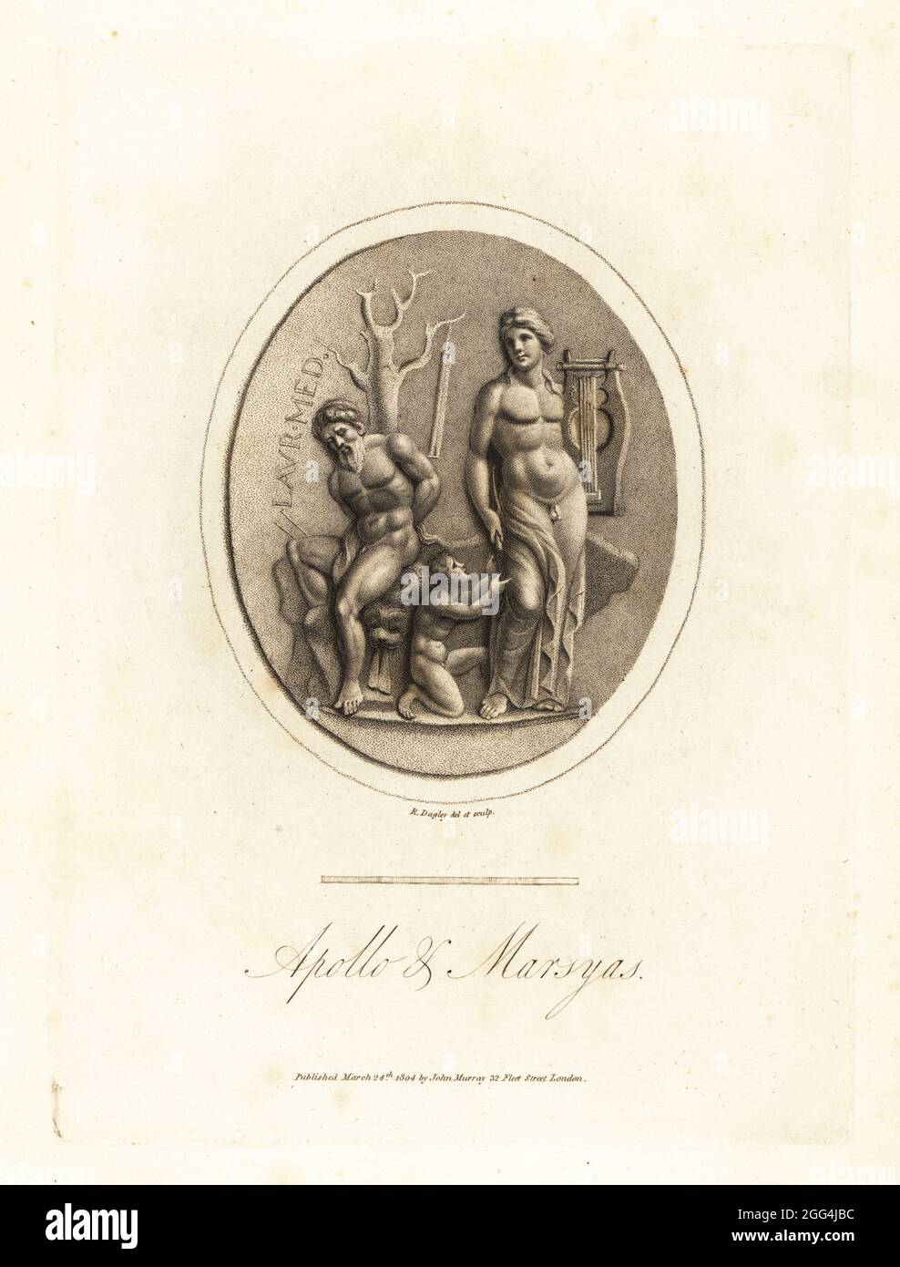 Apollo, god of music and dance, and the satyr Marsyas. Apollo stands with a lyre, while Marsyas is tied to a tree to be flayed alive after their contest. In red jasper in the Farnese cabinet Naples. opperplate engraving drawn and engraved by Richard Dagley from Gems, Selected from the Antique, with Illustrations, John Murray, London, 1804. Stock Photo
