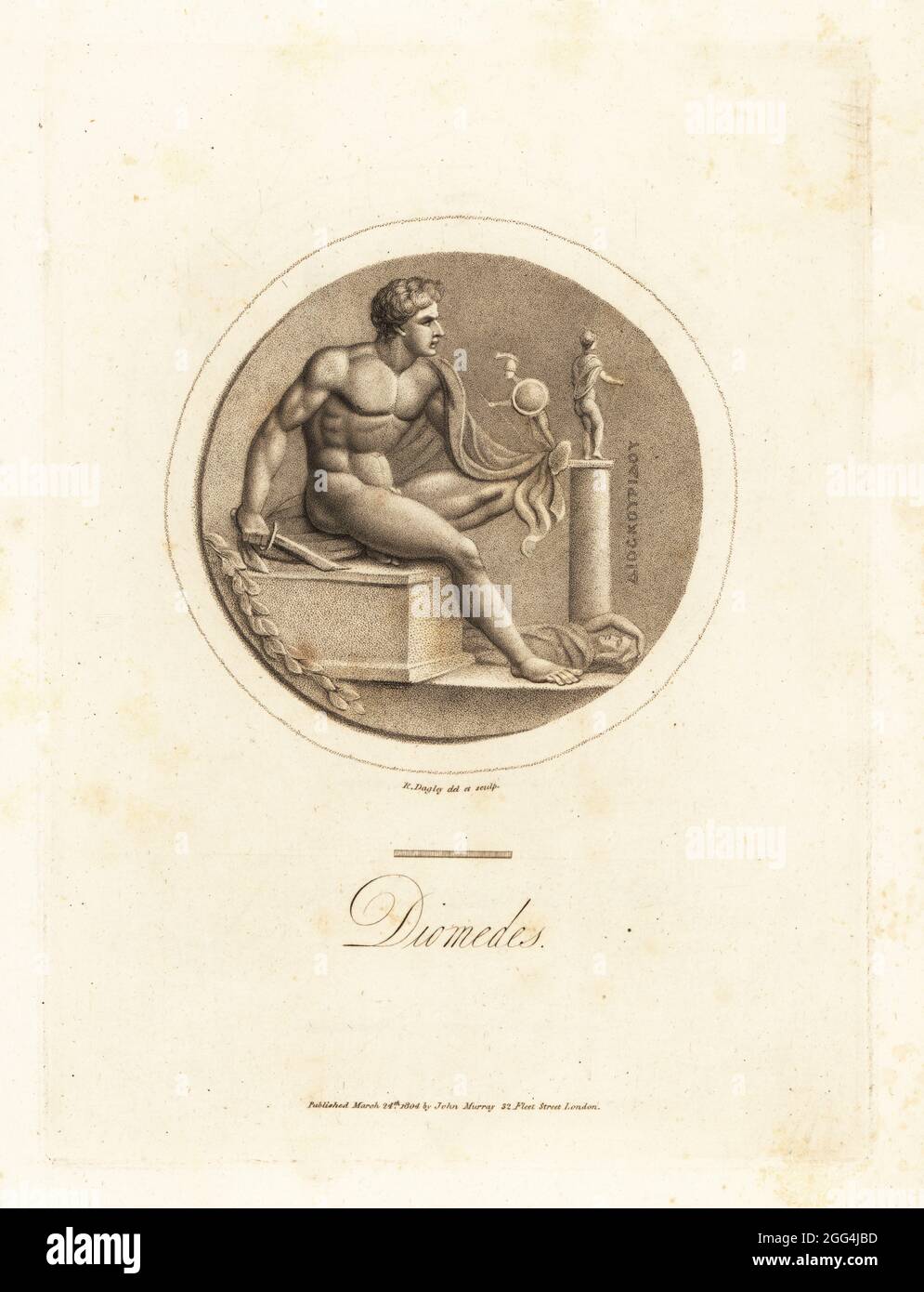 Figure of Diomedes with short sword holding the Palladium, a wooden image of Pallas. King of Argos, hero in the Trojan War. On cornelian in the Duke of Devonshire's collection. Copperplate engraving drawn and engraved by Richard Dagley from Gems, Selected from the Antique, with Illustrations, John Murray, London, 1804. Stock Photo