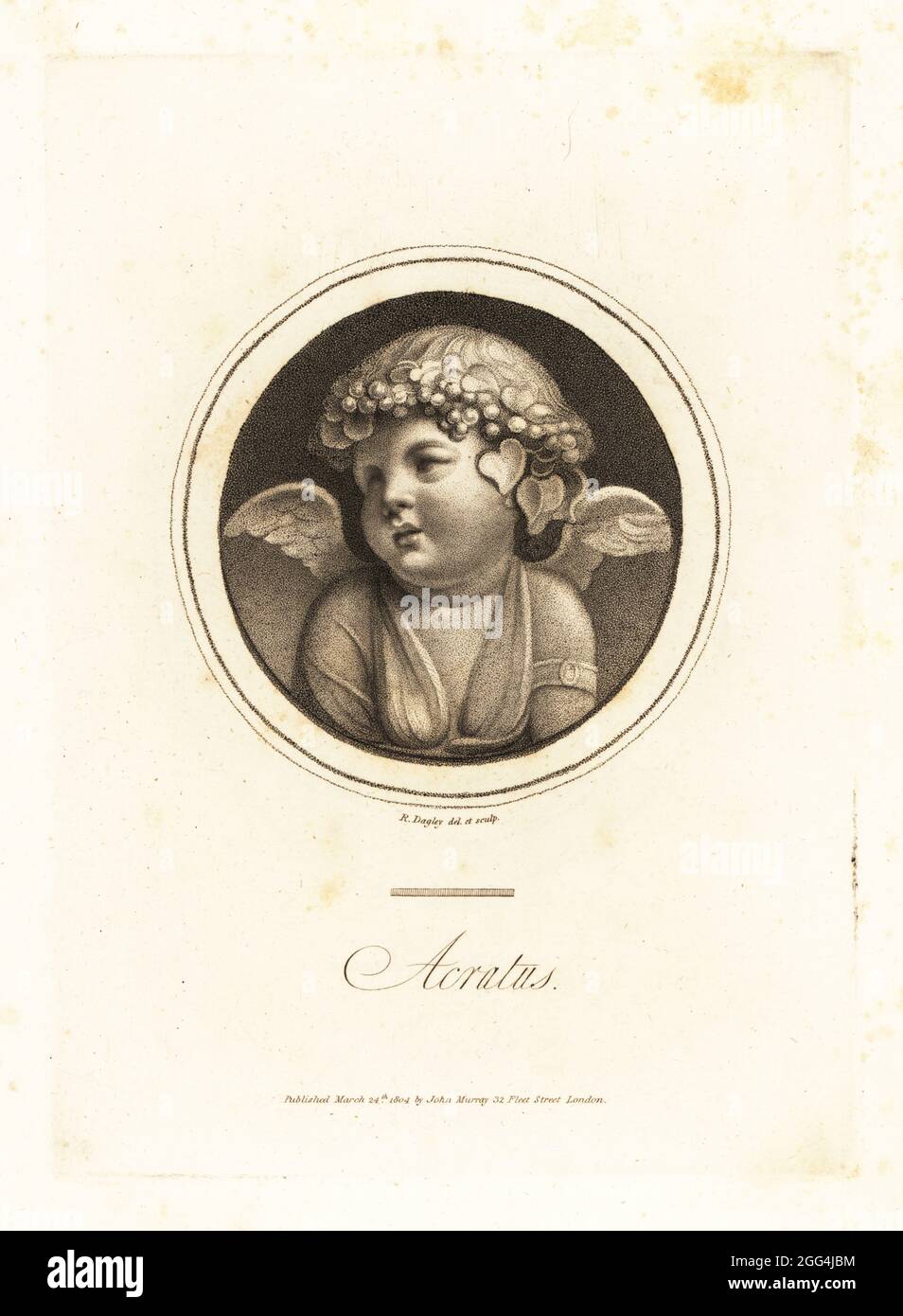 Acratus or Acratopotes, a winged Bacchus with myrtle, ivy and rosebud crown. Genius of pure wine and companion of Bacchus or Dionysus. From a purple amethyst gem. Copperplate engraving drawn and engraved by Richard Dagley from Gems, Selected from the Antique, with Illustrations, John Murray, London, 1804. Stock Photo