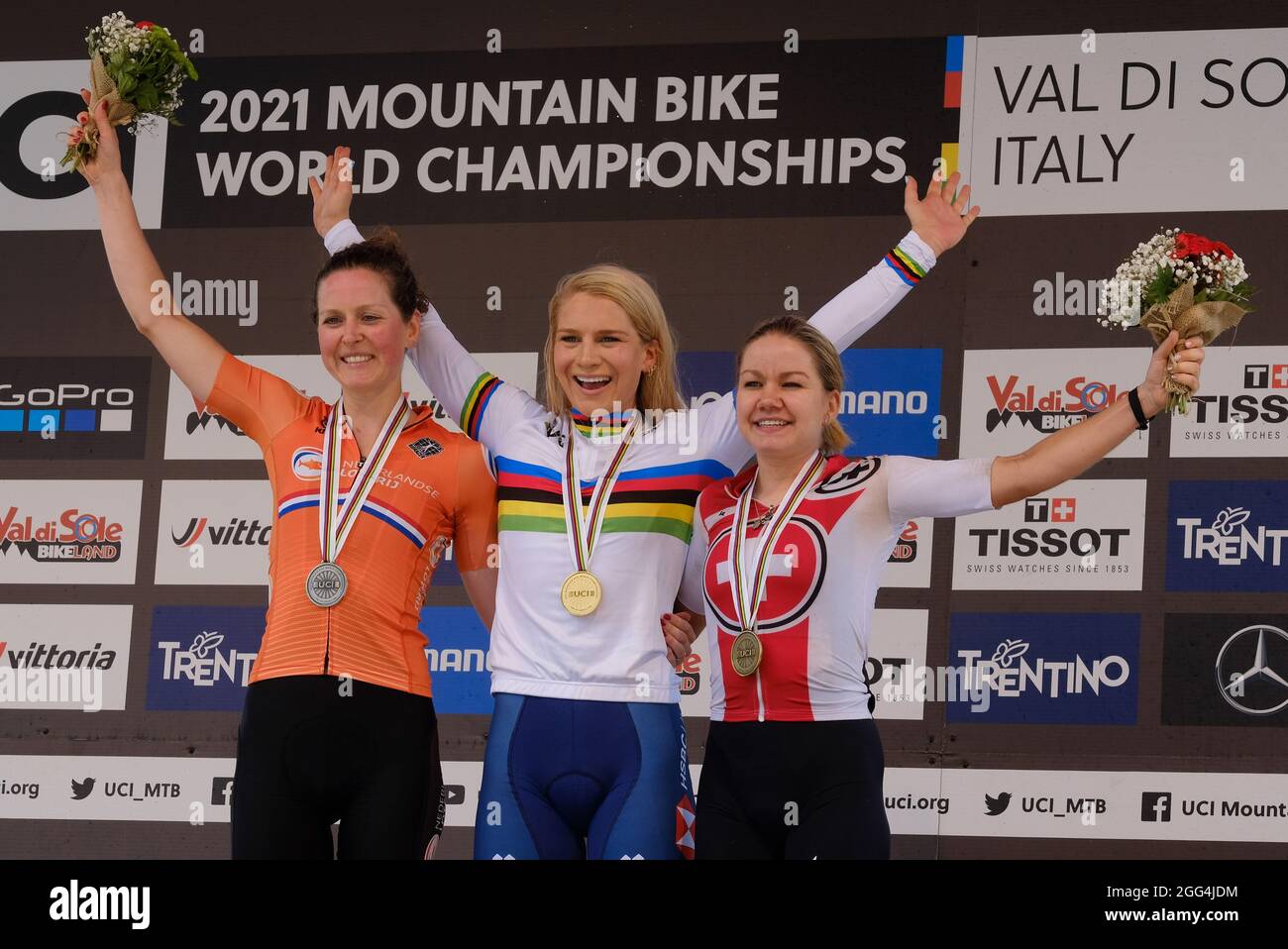 Daolasa, Commezzadura, Italy, August 28, 2021, Podium of Elite Women‚Äos  cross-country race in UCI MTB World Championship in Val di Sole Italy:  first place for Evie Richards (Great Britain), second place for