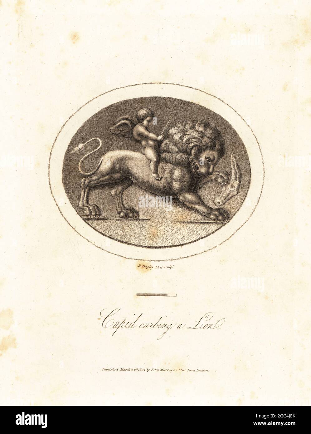 Cupid, Roman god of love, with whip and bridle, mounted on a lion. The lion holds a goat's head between his paws. Cupid curbing a Lion. From a sardonyx in the Cabinet of Strozzi.. Copperplate engraving drawn and engraved by Richard Dagley from Gems, Selected from the Antique, with Illustrations, John Murray, London, 1804. Stock Photo