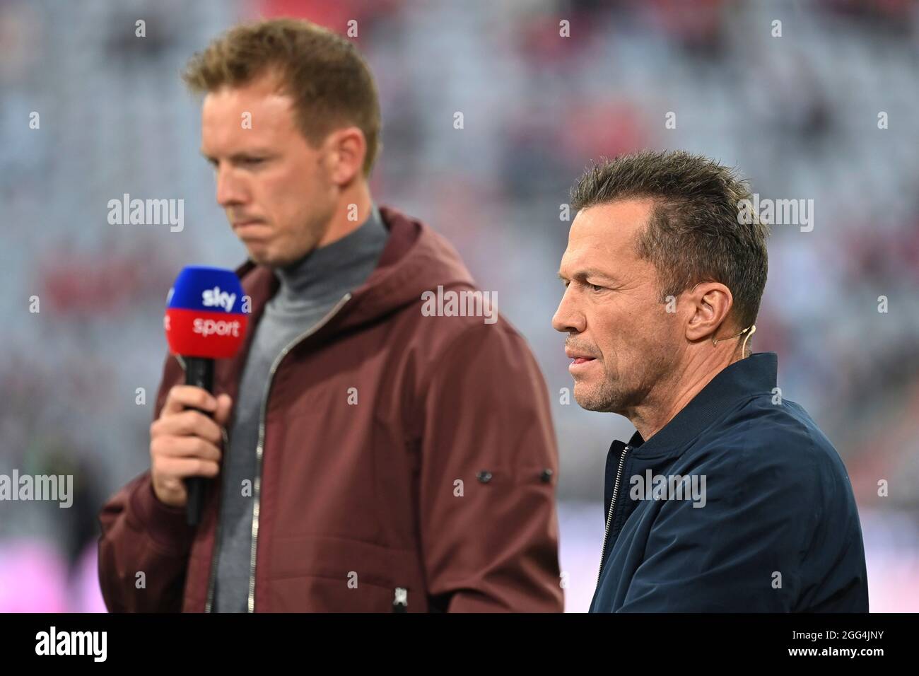 Lothar MATTHAEUS, left: coach Julian NAGELSMANN (FC Bayern Munich) at the Sky  Sport microphone. Soccer 1st Bundesliga season 2021/2022, 3rd matchday,  matchday03 FC Bayern Munich-Hertha BSC Berlin 5-0 on 08/28/2021,  ALLIANZARENA Muenchen