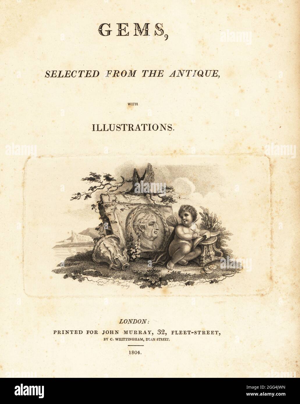 Title page with calligraphy and vignette of winged Cupid writing in a book. Near antique ruins with vase, plinth, coins, and bust with wreath. Copperplate engraving drawn and engraved by Richard Dagley from Gems, Selected from the Antique, with Illustrations, John Murray, London, 1804. Stock Photo