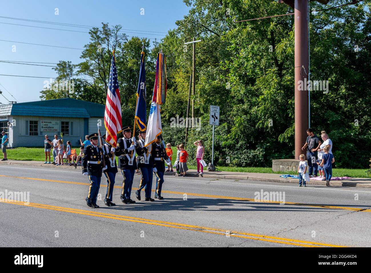Elizabethtown, KY, USA, 28th Aug 2021, the U.S. Army Color Guard marches down Dixie Avenue during the Hearthland Homecoming Parade 2021, Credit: Brian Koellish/Alamy Live News Stock Photo
