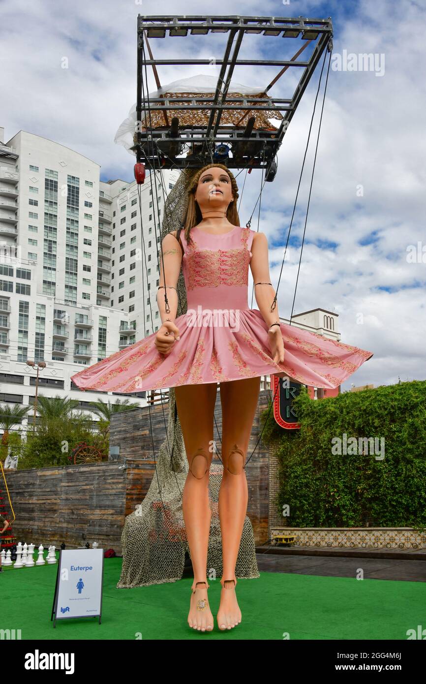 Nevada USA, 02-10-18 Located on Las Vegas Blvd and Fremont Street a 30 foot dancer named Euterpe talks and sings pre-programmed songs Stock Photo