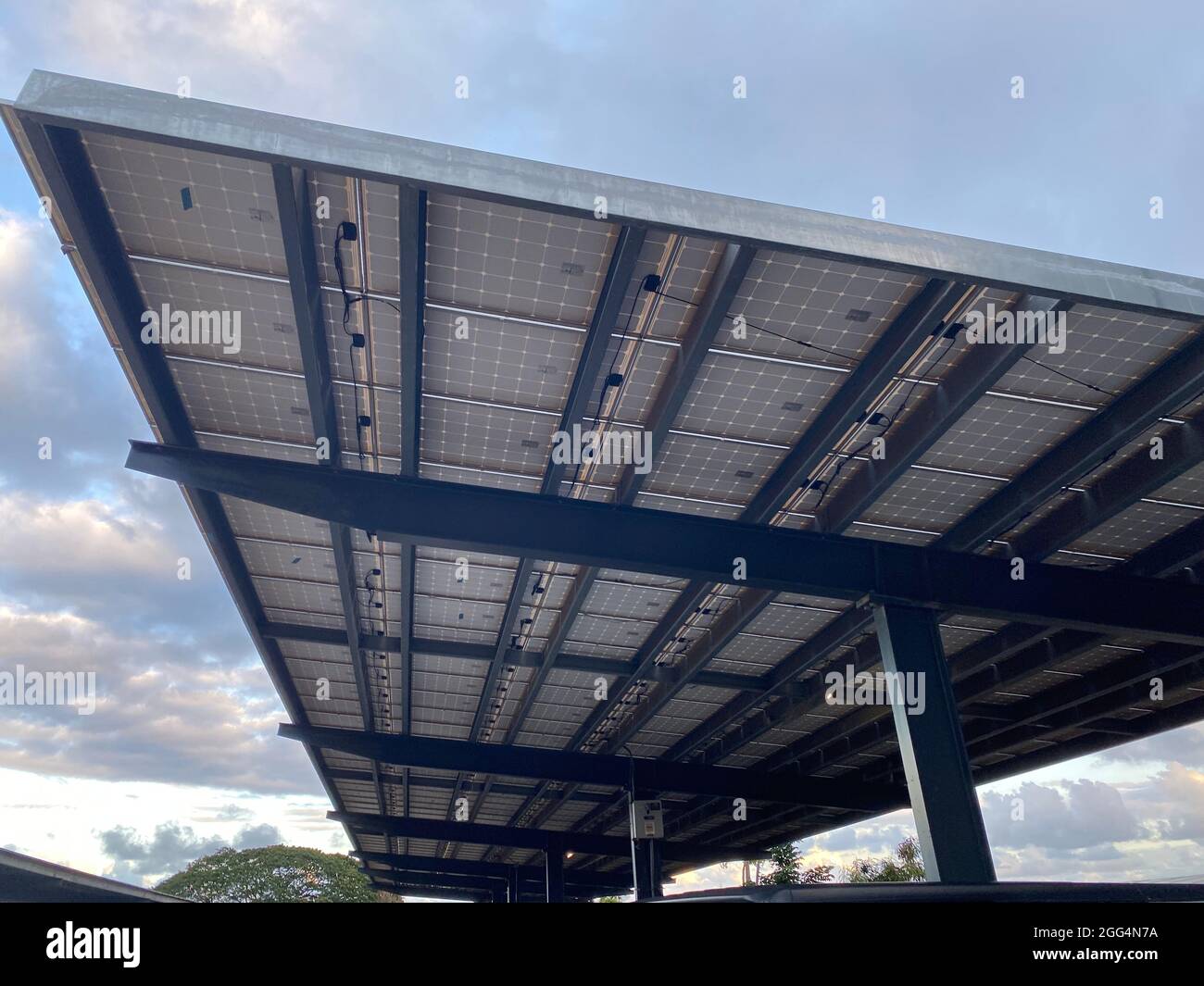 Commercial solar panel carport in a restaurant parking lot in Hawaii