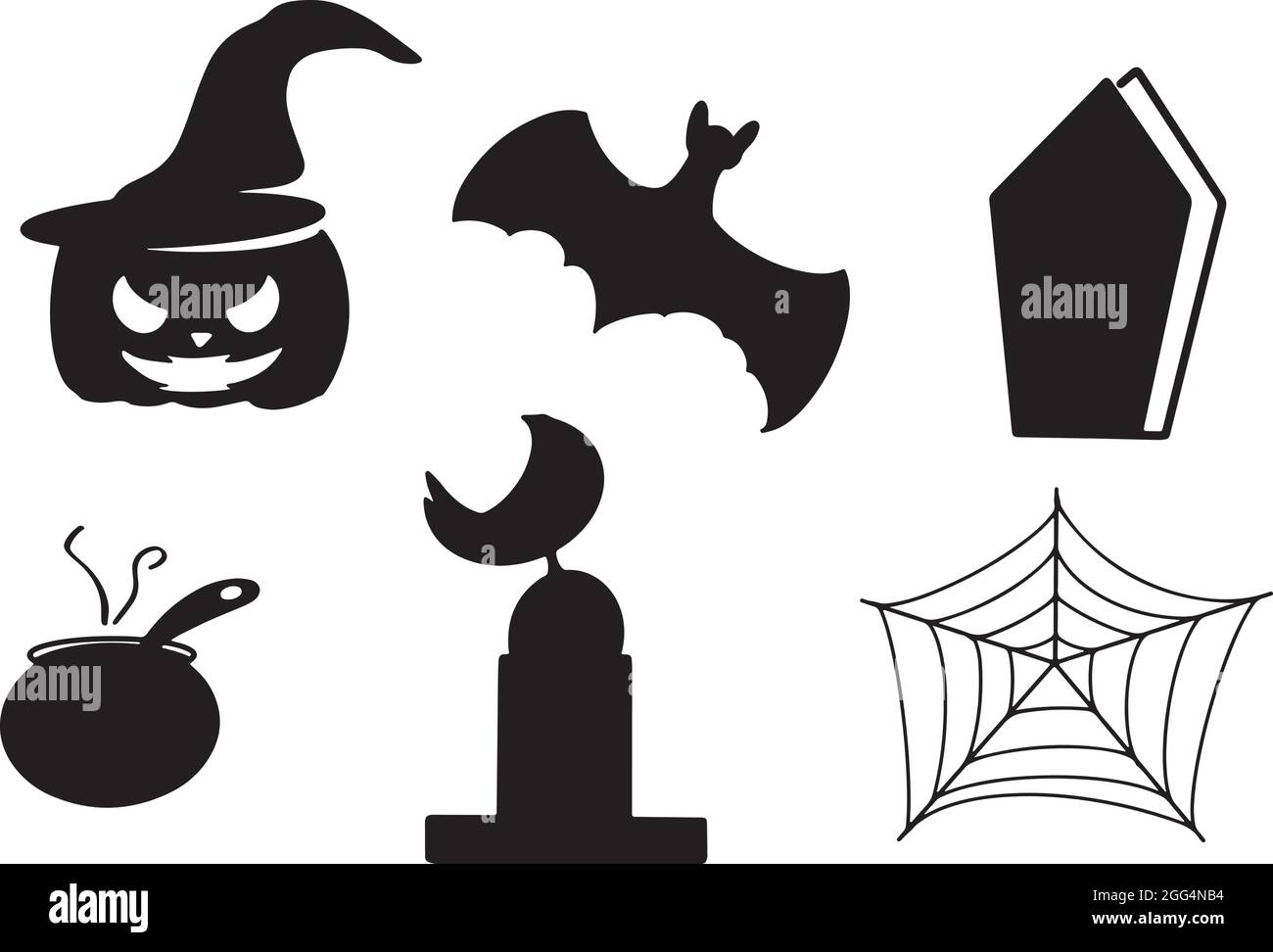 Collection set pumpkin face smile hat bat ghost evil spider web owl crow tomb cauldron monster decoration ornament happy holloween 31 thirty one Stock Vector