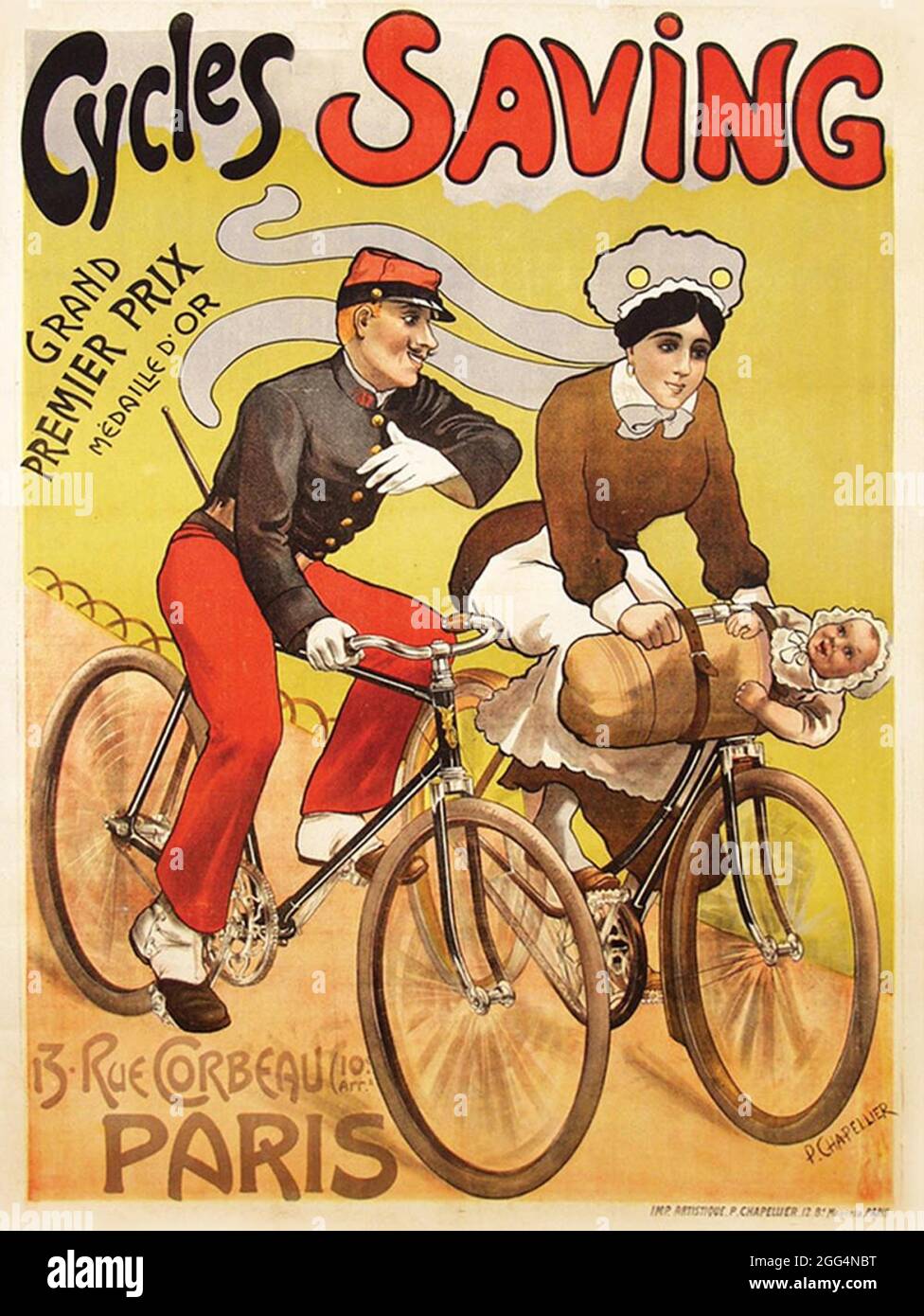 Click On Vintage French bicycle  poster - Cycles Saving, 1900s Stock Photo