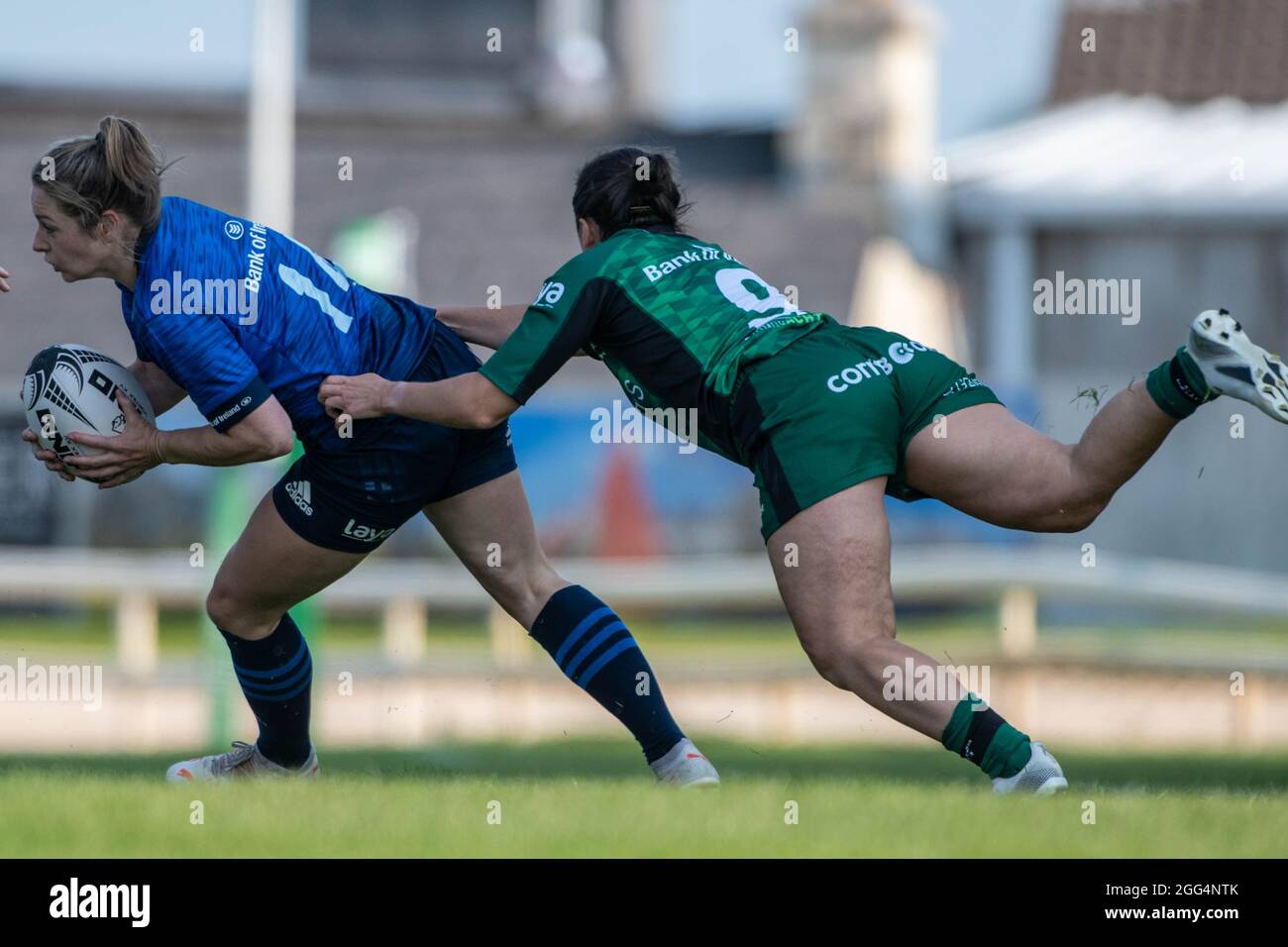 Galway, Ireland. 28th Aug, 2021. Grace Miller of Leinster Womens tackled by Mary Healy of Connacht Womens during the 2021 Vodafone Women's Interprovincial Series match between Connacht Womens and Leinster Womens at the Sportsground in Galway, Ireland on August 28, 2021 (Photo by Andrew SURMA/ Credit: Sipa USA/Alamy Live News Stock Photo